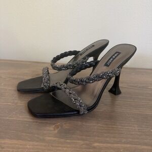Nine West Womens 8M Grey Rhinestone Square Toe Slip On Strappy Heels Sandals